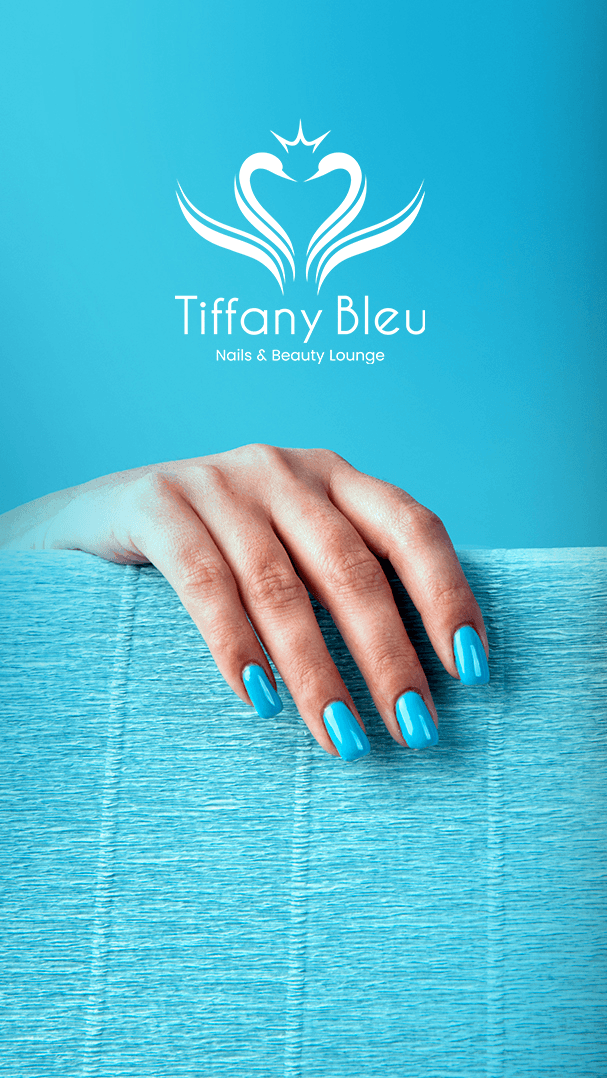 Teal manicure resting on a textured blue surface with Tiffany Bleu logo